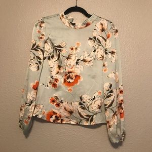 Silky Light Blue Flower Long Sleeve Blouse
